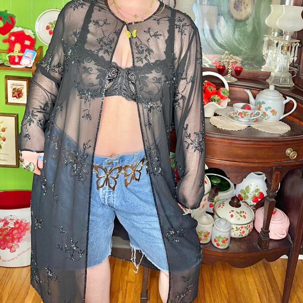 Vintage goth whimsigoth fairycore sheer black floral beaded longsleeve cardigan